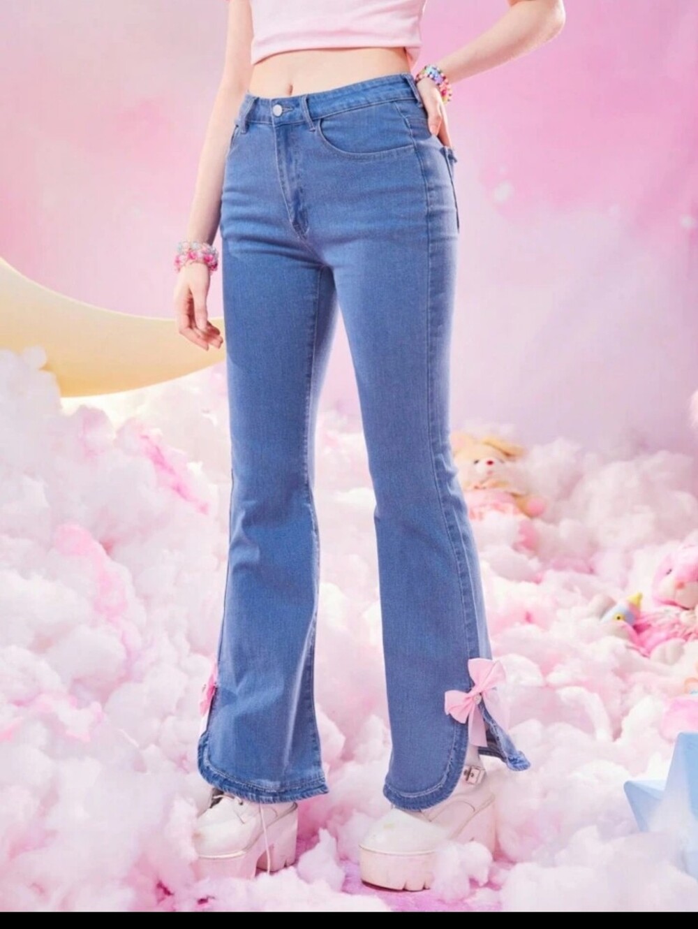 Romwe Kawaii Bow Detail Split Hem Flare Leg Jeans